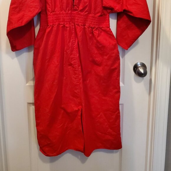 💃VINTAGE 80s Avon Bright Red Shirtdress Puff Sleeve Elastic Waist Midi 8 - Picture 5 of 10